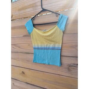 Decoline Yellow Turquoise Colorblock Striped Scoop Neck Short Sleeve Top Y2K